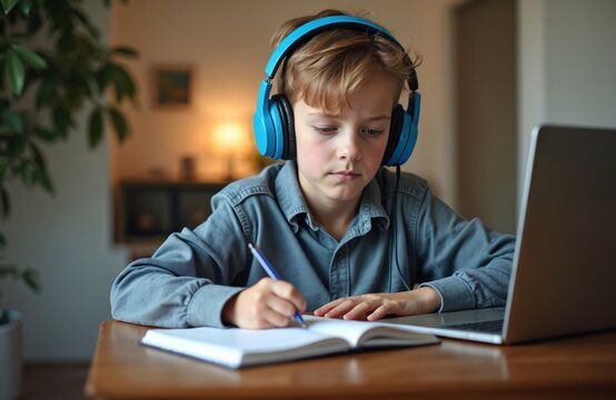 Young boy with blue headphones studies online computer. Kid writes notebook, listens lesson via laptop at desk. Child does homework at home, focused on school task.