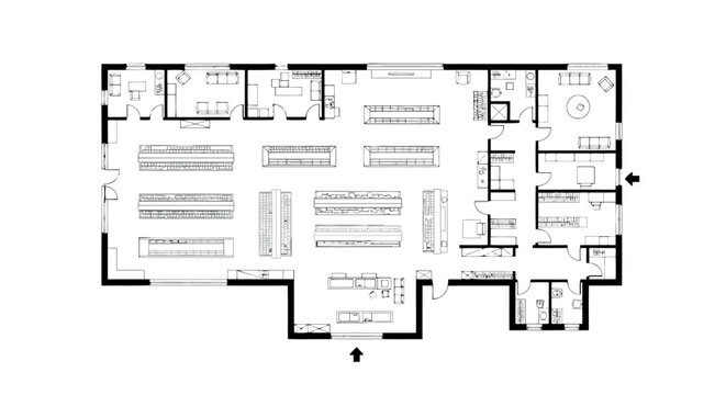 Floor plan of a supermarket layout with aisles, checkout counters, and back rooms