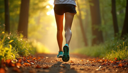 Athlete runs on forest path during golden hour light. Person jogs through wood, sun shines through trees. Healthy individual exercises outdoors, enjoys nature walk, active workout routine. Fall