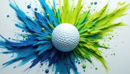 Vibrant illustration of golf theme art. Centered golf ball with blue green color swirls. Dynamic splash effect. Modern design concept for sports graphic, visual art or creative wall decor idea.
