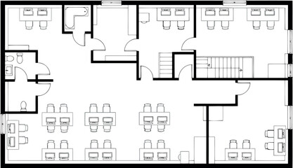 Office floor plan with cubicles, meeting rooms, and reception area