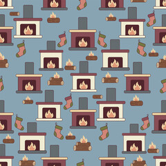 Christmas Fireplace Vector. Seamless Stocking Pattern with Cozy Fireplaces. Warm Winter seamless pattern Background.