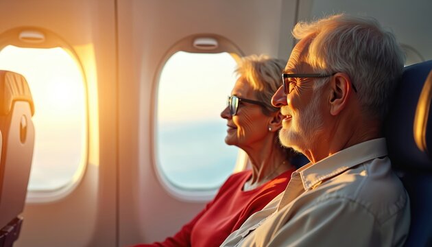 Senior couple flies in airplane. Happy mature man and woman look at sky from plane window on journey. People enjoy travel trip together on vacation.