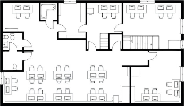 Office floor plan with cubicles, meeting rooms, and reception area