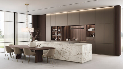 Modern luxury kitchen interior with marble island, wooden dining table, and elegant lighting.