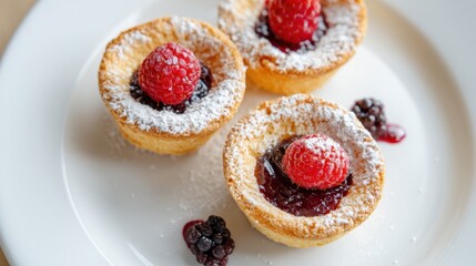 Mini dessert cups on a white plate showcase a sweet filling and powdered sugar. Topped with fresh raspberries, they look delightful and inviting for snack time.