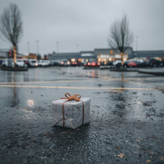 Wrapped gift box with ribbon sitting alone on a wet parking lot during a gloomy winter evening.