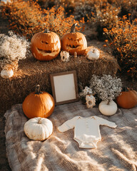 Autumn-themed outdoor setup with carved pumpkins, hay bales, and baby clothes arranged on a cozy blanket.