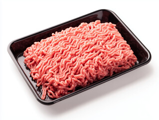 Fresh ground beef neatly packed in a black plastic tray on a white background.