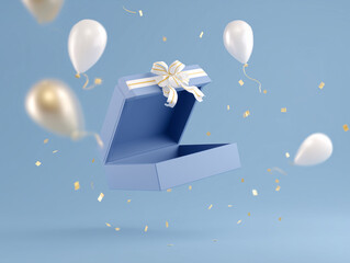 Open blue gift box with a gold ribbon surrounded by floating balloons and confetti on a light blue background.