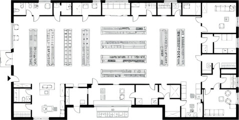 Architectural floor plan of a retail store layout with aisles, shelves, and back rooms