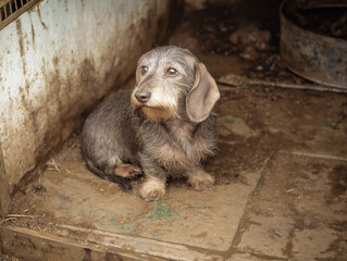 Small wire-haired dachshund dog sitting on a dirty floor inside a worn shelter.