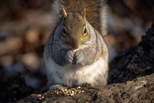 Close-up of a squirrel eating seeds on a log in a natural woodland environment. - Powered by Adobe