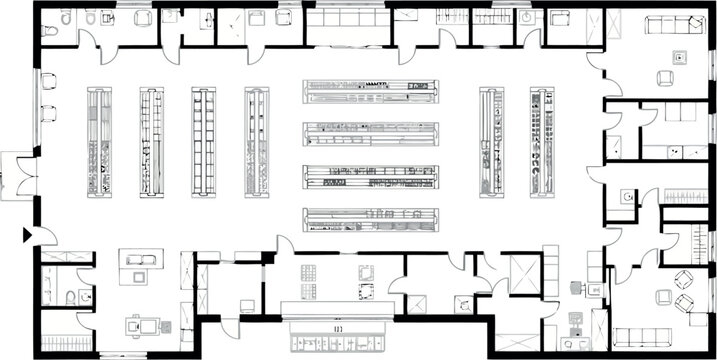 Architectural floor plan of a retail store layout with aisles, shelves, and back rooms