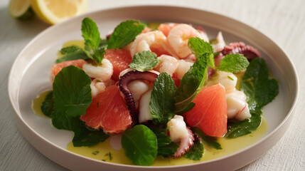 Fresh seafood salad with shrimp, octopus, grapefruit, and mint leaves on a white plate.