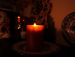 Burning candle surrounded by decorative skulls and pottery in a warm, dimly lit setting.