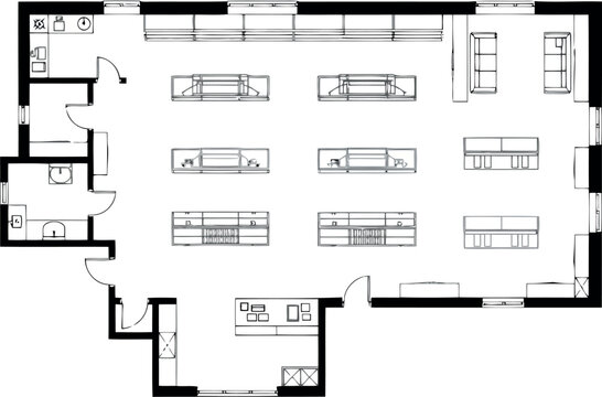 Retail store floor plan blueprint with shelves and checkout counter