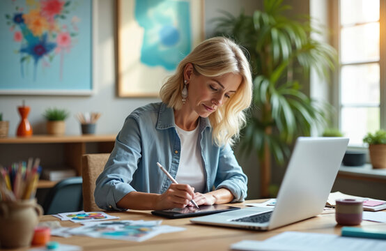 Mature woman artist draws on graphic tablet in home studio. Blonde lady creates art on digital pad with stylus pen. Computer and papers on desk. Creative hobby.