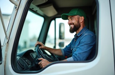 Young bearded man confidently drives truck, smiling. Wears green cap, denim shirt, looks happy, pro. Truck driver delivers valuable cargo, works in transport industry. Guy on road for logistics,