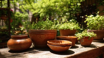 Fototapeta premium Clay pots display vibrant green herbs like basil and thyme in a sunlit garden. The surrounding area is lush with foliage, enhancing the natural beauty and tranquility of the space.