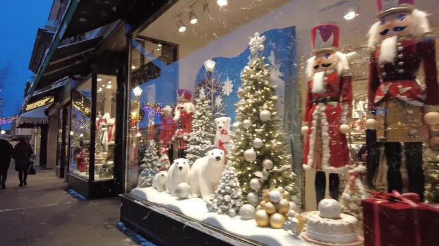 Christmas window display showcases festive nutcrackers and polar bears with adorned Christmas trees. Christmas window arrangement creates holiday magic,