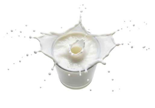 Top View of a Glass of Milk with Dynamic Splash and Floating Drops, Frozen Motion Photography