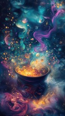 A mesmerizing cosmic cauldron overflows with ethereal golden energy and vibrant magical smoke