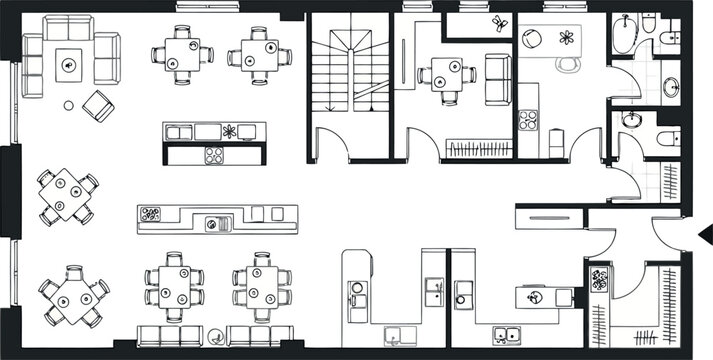 Floor plan of a commercial space with seating areas, kitchen, and offices