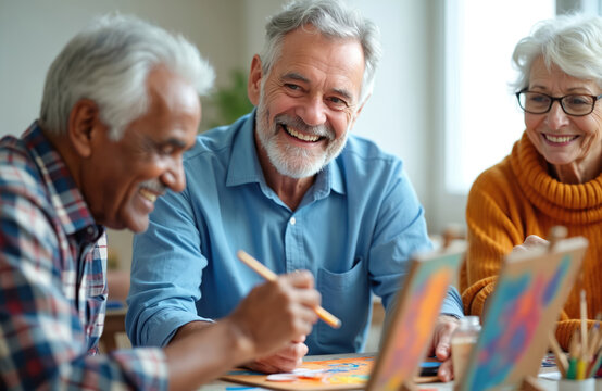 Happy senior friends paint in art class. Diverse old people smile, laugh together. Man holds brush, creates artwork on easel. Elderly group enjoys creative hobby indoors, learning new skills at