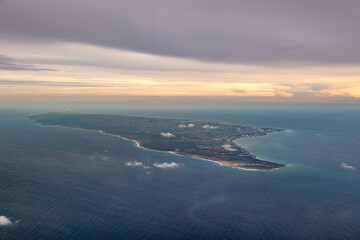 Aerial view of Aruba coastline and Caribbean Sea at sunset