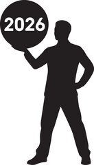 Black silhouette of a man in a suit holding a black circle with white numbers 2026 vector