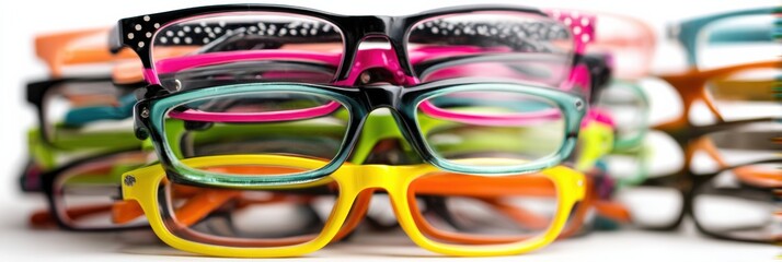 Colorful Eyeglass Frames Stacked in a Vibrant Display on a White Background Creating an Eye-Catching Scene