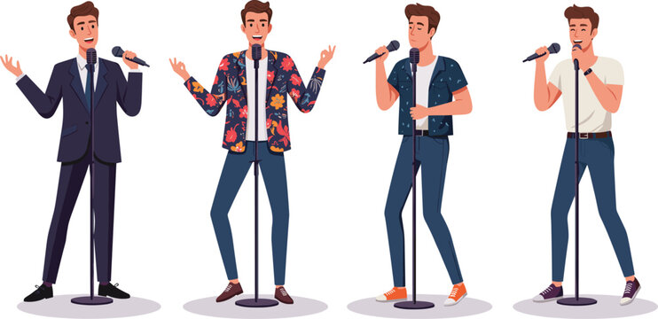 Cartoon male singers, vector illustration, microphone performance, fashion styles, music theme, expressive pose, stage presence, stock image, singing character, outfit variation