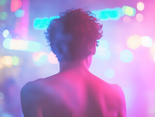 Naked guy stripper performs in webcam show at gay nightclub - back view (blurred image)