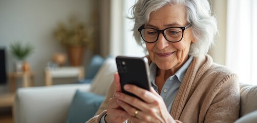 Smiling elderly woman with glasses holds smartphone, texting message in cozy home. Senior lady uses mobile device, enjoys digital communication, stays connected while relaxing on sofa indoors.