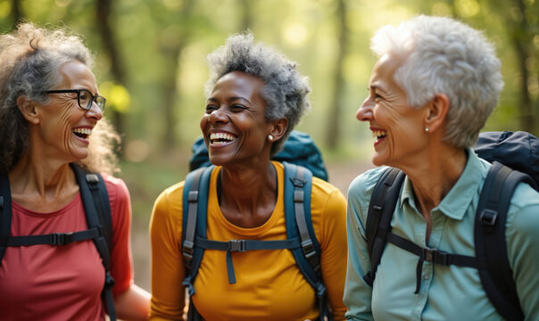 Three diverse senior women friends laugh, smile, enjoy walking outdoors in green forest path. Happy elderly ladies wear backpacks during hike. Active female group explores nature together, sharing - Powered by Adobe