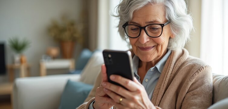 Smiling elderly woman with glasses holds smartphone, texting message in cozy home. Senior lady uses mobile device, enjoys digital communication, stays connected while relaxing on sofa indoors.
