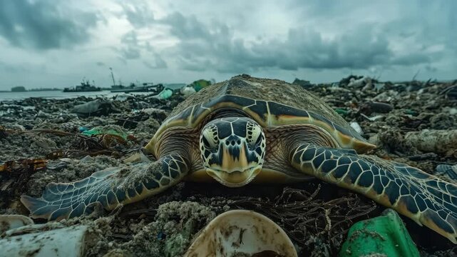 Sea turtle amid pollution, symbolizing environmental issues