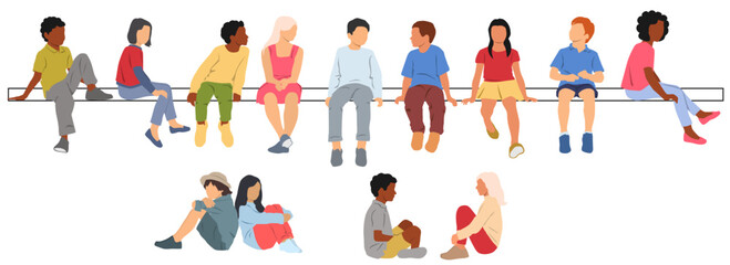 Fototapeta premium Group of boys and gerls sitting on a bench, different colors, cartoon character, silhouettes of children, teenagers, flat icon design concept, isolated on white background