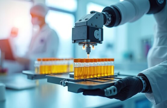 Robotic arm works with test tubes. Automated liquid handling machine processes samples for medical analysis. Scientists in lab coats work in background.