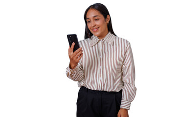 Young woman smiling, watching content on smartphone, working online, having remote communication with transparent background