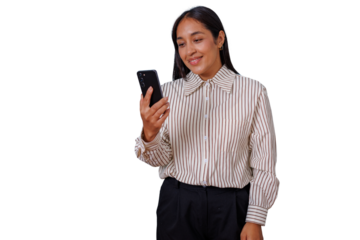 Young woman smiling, watching content on smartphone, working online, having remote communication with transparent background