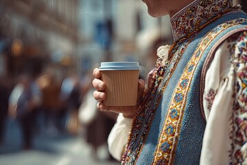 Coffee Cup Held by Person in Traditional Attire