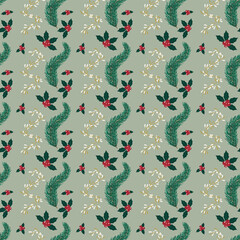Merry Christmas Seamless Pattern. Botanical Foliage Festive Ornament Illustration. Green Pine Branches Holly Leaves Berries Vector. Fabric Textile Wallpaper Wrapping.