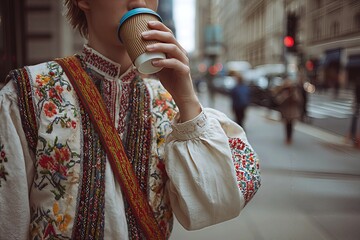 Coffee Cup Held by Person in Traditional Attire