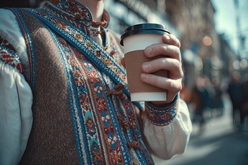 Coffee Cup Held by Person in Traditional Attire