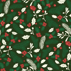 New Year Christmas Seamless Pattern. Botanical Foliage Winter Holiday Illustration. Green Pine Holly Leaves Red Berries Vector. Fabric Textile Wallpaper. Wrapping Paper.