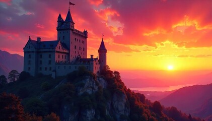 Obraz premium Majestic Medieval Castle Silhouetted Against a Vibrant Sunset Sky, a Picturesque Scene of Historical Architecture and Natural Beauty.
