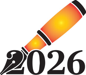Fountain pen nib writing the year 2026 with orange and yellow gradient new year future