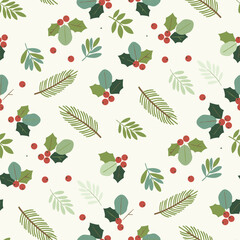 New Year Christmas Seamless Pattern. Botanical Foliage Winter Holiday Illustration. Green Pine Holly Leaves Red Berries Vector. Fabric Textile Wallpaper. Wrapping Paper.